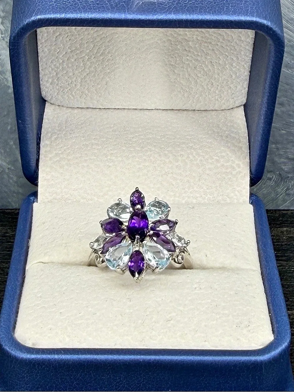 Exquisite Natural Amethyst Aquamarine & Topaz Ring 925 Sterling Silver Ring Sz 8